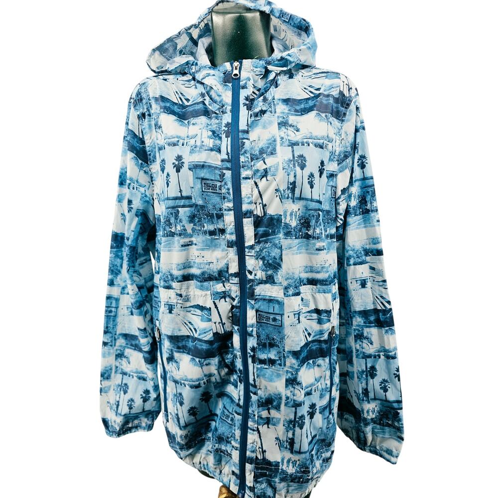 Chip & Pepper Blue Surf Print Ripstop Hooded Windbreaker jacket Unisex L 4212